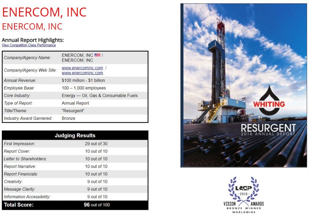 Whiting Petroleum 2016 Annual Report Wins LACP Award