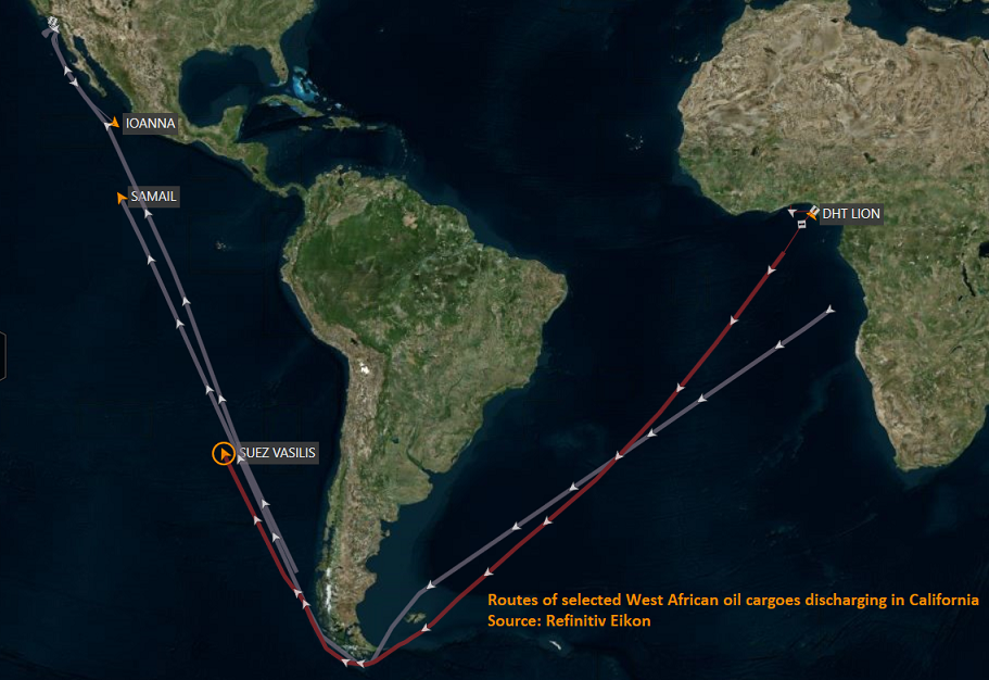 Routes of selected West African oil cargoes discharging in California - Oil and Gas 360