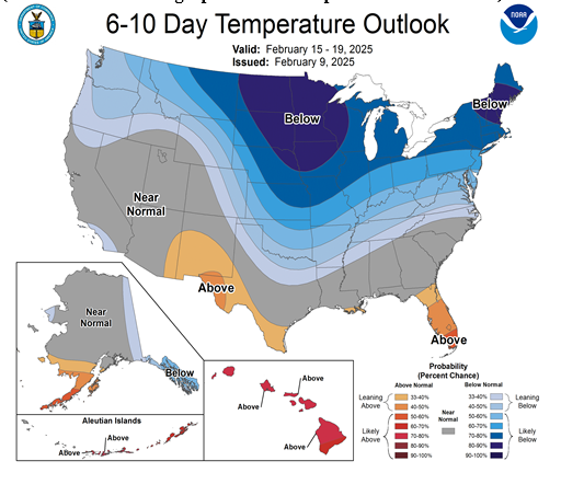 Figure 7: Temperature Forecast – February 15 to 19, 2025 6-10 Day Outlook; Departure from Normal(Src: National Oceanographic and Atmospheric Administration) 