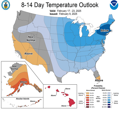 Figure 8: Temperature Forecast – February 17 to 23, 2025 8-14 Day Outlook; Departure from Normal(Src: National Oceanographic and Atmospheric Admin. [NOAA]) 